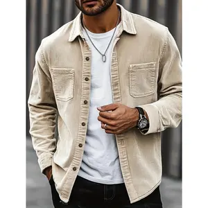 Popular corduroy material men's casual shirt jacket with lapel buttons, long sleeved cardigan, double patch pocket design suitable for daily leisure, fashion, simplicity, commuting, street fashion, spring and autumn long sleeved shirt