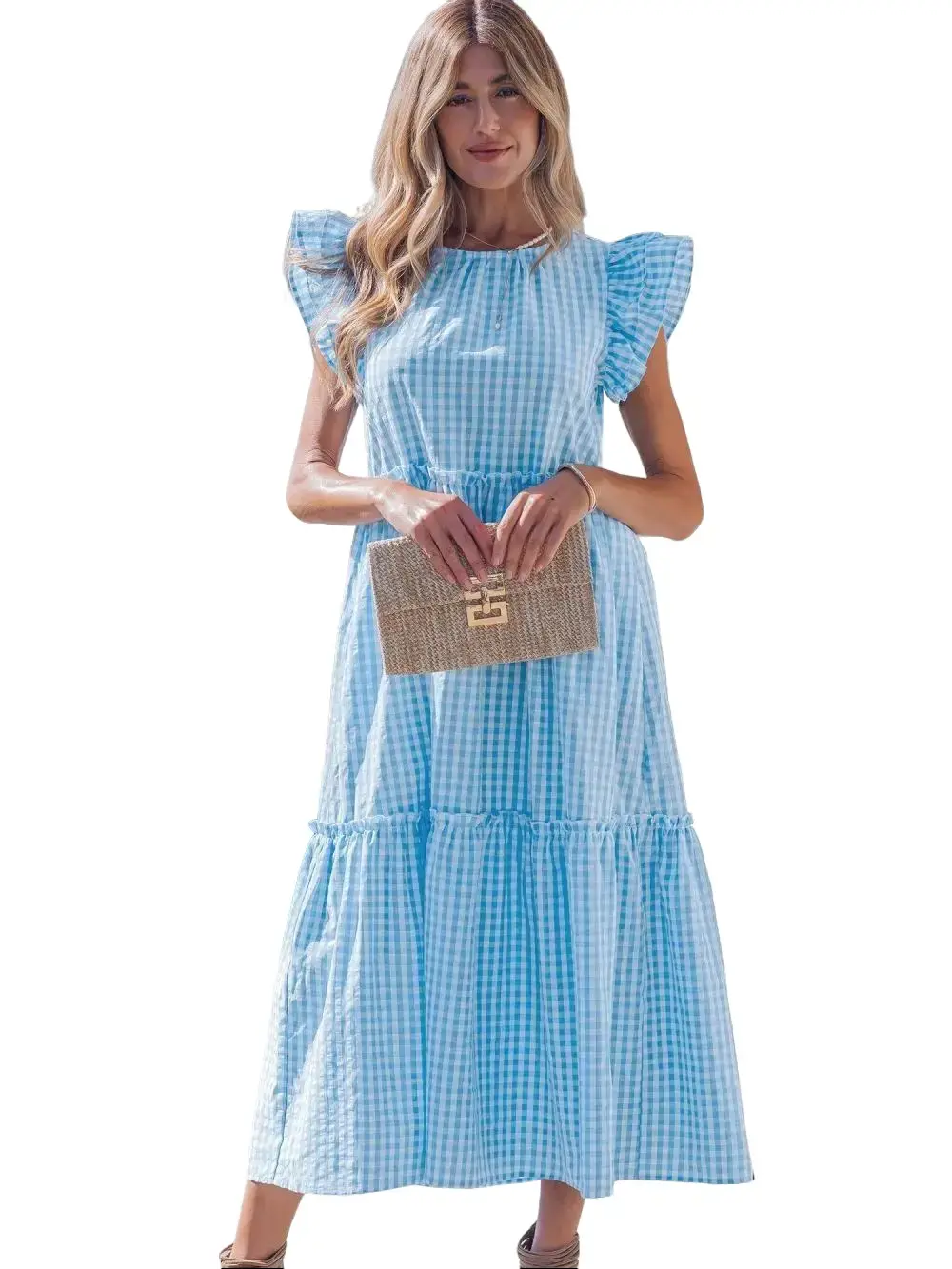 PHEFEE Women's Sky Blue Gingham Plaid Ruffle Sleeve Tiered Midi Dress Casual Summer Beach Vacation Bow Knot Flowy Sundress Casual Wear Breathable