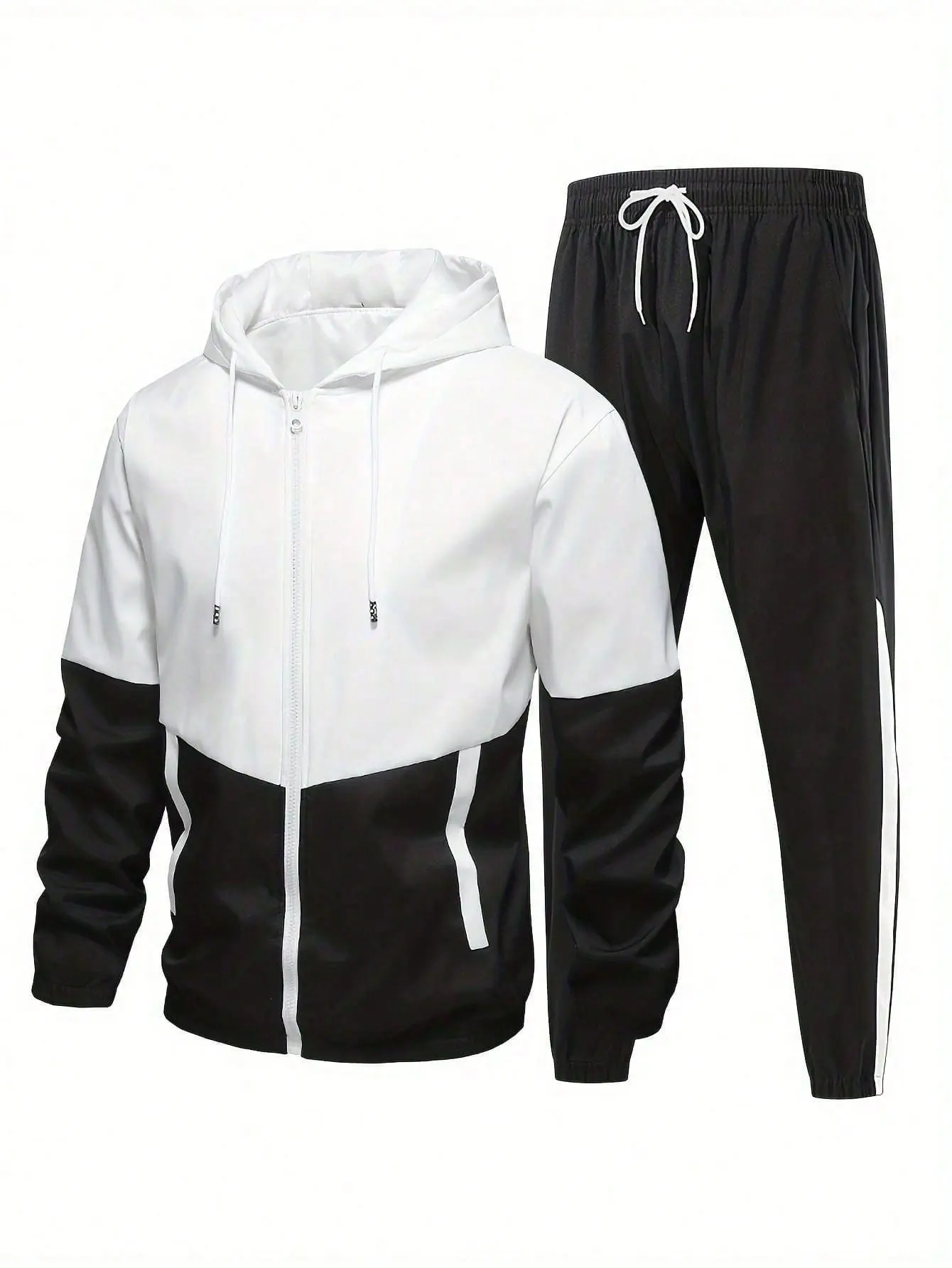 Men’s 2-Piece Sporty Style Colorblock Tracksuit Set - Hooded Polyester Jacket, Pants, Machine Washable, All-Season Casual Wear