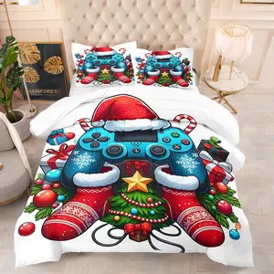 2/3 Piece Christmas Series Printed Comforter Set,Christmas Gift,Game and Christmas Item Pattern Bedding Set, Christmas Room Decoration Soft and Breathable High-End Fashionable New Year'S Happiness, Including 1 Quilt and 1/2 Pillowcase