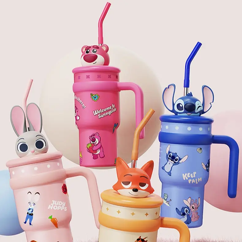 【Summer New Product】MINISO Disney Insulated Mug Cartoon Ice Cup with Straw Portable for Office Home and Car Featuring Cute Animal Designs Featuring Judy Hopps Stitch and More