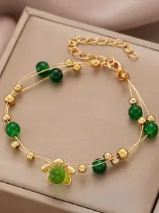 Green Jade Bead Bracelet Women Gold Flower Charm Double Layer Stacking Bracelet