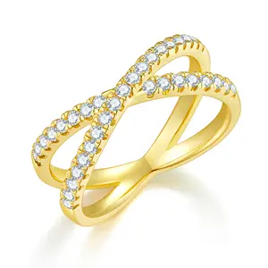 MINDDHA Criss Cross 14K Gold/White Plated Rings for Women, Designer Unique Fashion Ring, Gold Crystal Ring, Zirconia Simulated Diamond Trendy Jewelry, Elegant, Cool, Stylish - 1.5-2mm Band, Size 4-12
