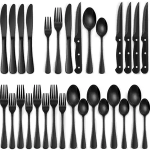 24-Piece Black Silverware Set with Steak Knives, Black Flatware Set for 4, Food-Grade Stainless Steel Tableware Cutlery Set, Mirror Finished Utensil Sets for Home Restaurant