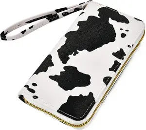Cow Print Vegan PU Leather Wallet Zip Around Cash Coin Card Phone Holder Women Girls Wallet Long Wristlet Purse Clutch Handbag with Adjustable Strap Large Capacity 8 Card Slots 2 Bill Pockets 1 Zip Coin Pocket 1 Phone Compartment