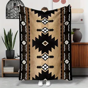 1Pc Indian Geometric Southwestern Tribal Blanket - Hypoallergenic All-Season Soft Beige-Friendly Flannel Bedspread, Southwestern Indian Pattern In Beige/Black/White/Brown/Gray - Luxury Bedspread For Bed, Sofa, Camping & Travel
