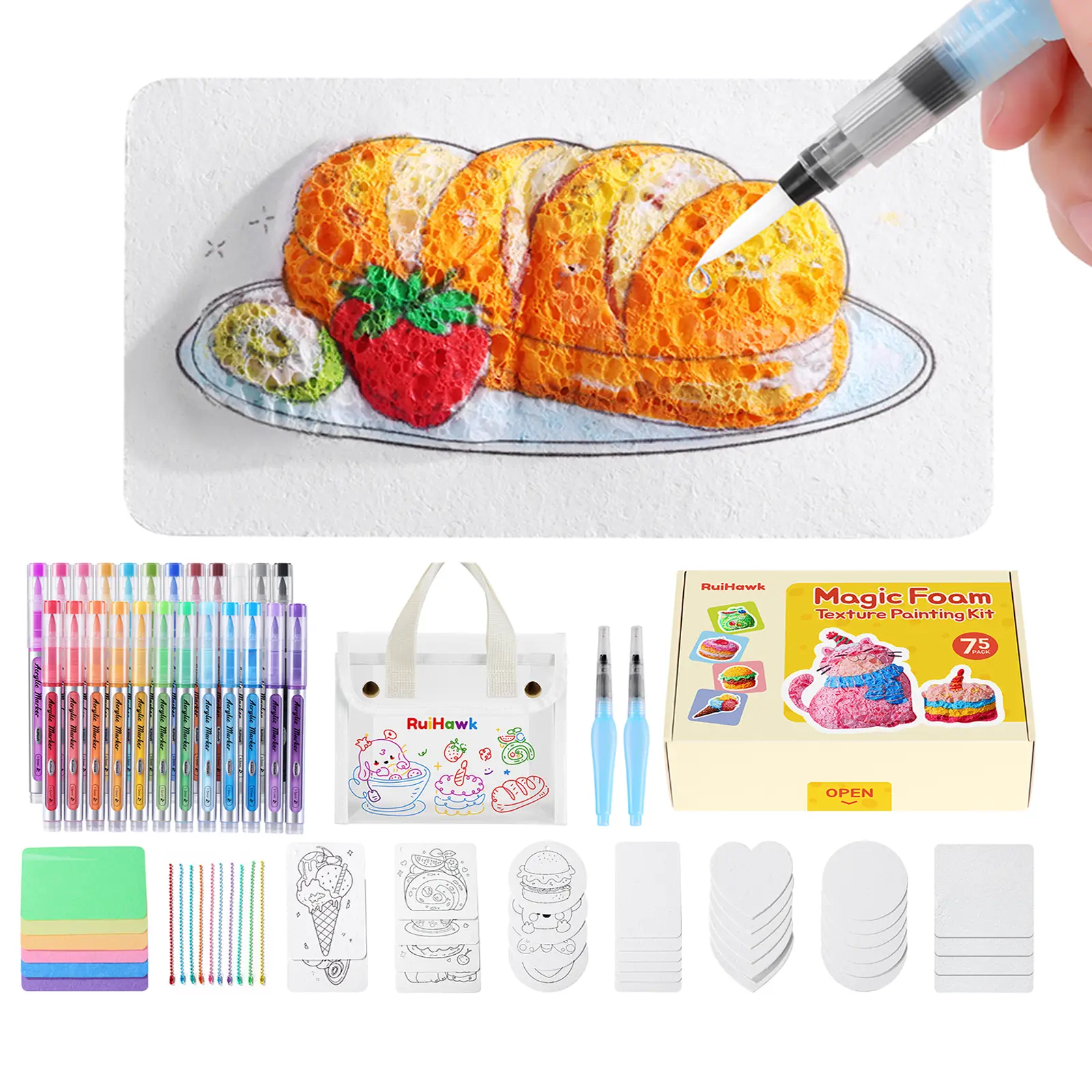 [Upgraded] 75-Piece Magic Foam Texture Painting Kit, Non-Toxic Aqua Puffs Art Supplies with 24 Auto-Flow Markers, 38 Texture Sheets, 10 Bead Necklaces, Creative Gift for Ages 5-10 for Summer Outdoor Fun