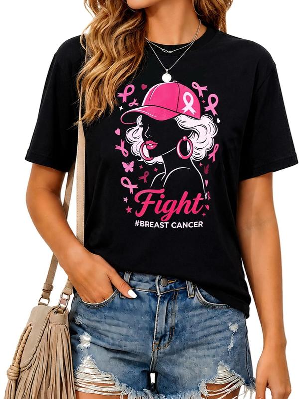 Women's Soft Lightweight Breathable Cotton Crew Neck Graphic Tees Print Short-Sleeve Top - October Breast Cancer Awareness Pink Ribbon Gift, Hoop Cap Compatible Fabric Shirt