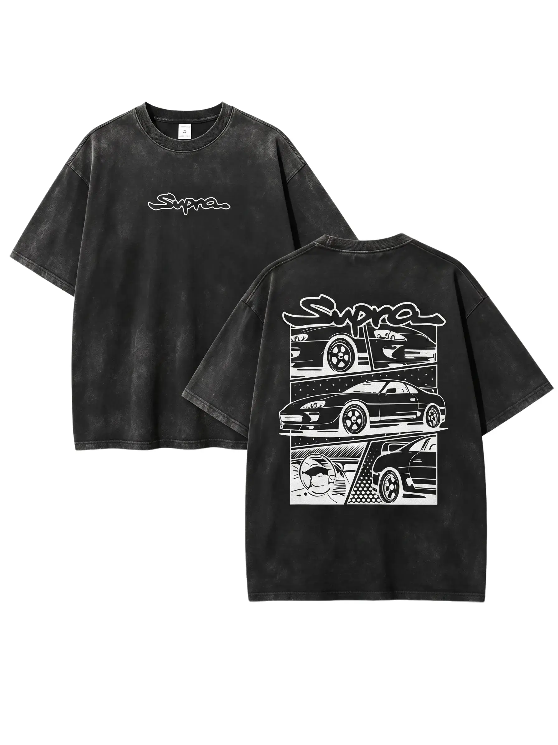 Men's Toyota Supra MK4 JDM Manga Car Graphic Tee - 100% Cotton, Distressed Look, Regular Fit Crew Neck, Front Script Logo, Back JDM Car Prints, Unisex Casual Top, Cold Machine Wash