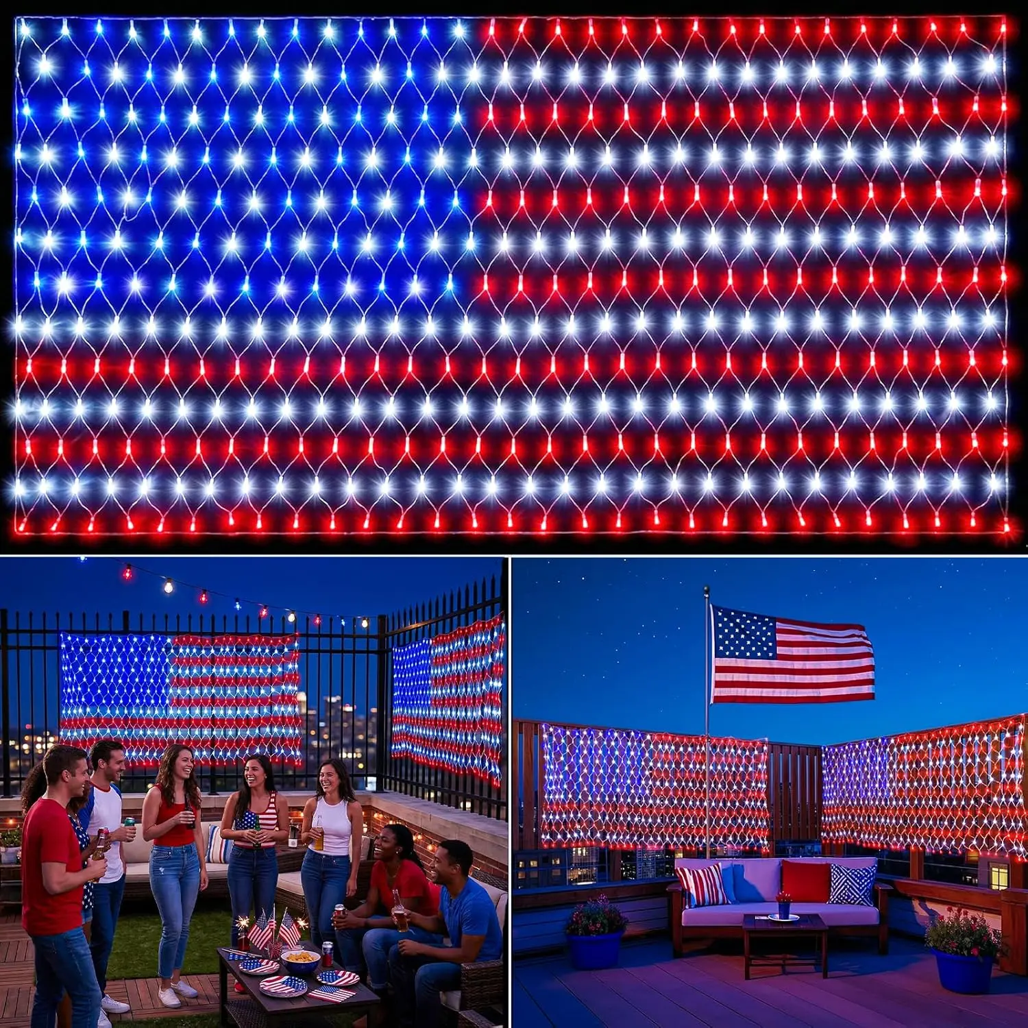 (New) American Flag Net Lights, 6.5 ft x 3.3 ft Waterproof USA Flag Lights Outdoor with 390 LEDs for 4th of July, Independence Day, National Day, Memorial Day Decorations (Plug-in)