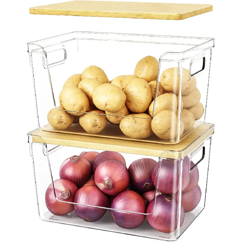 12x7x7 Inch Clear Stackable Kitchen Pantry Organizer Baskets 2 Sets, Plastic Storage Containers with Natural Bamboo Lids & Hand Grips, Breathable Produce Holder to Store Veggies Fruit Potato Onion Garlic, Multi-Use Dustproof Storage Bin for Kitchen Cabine