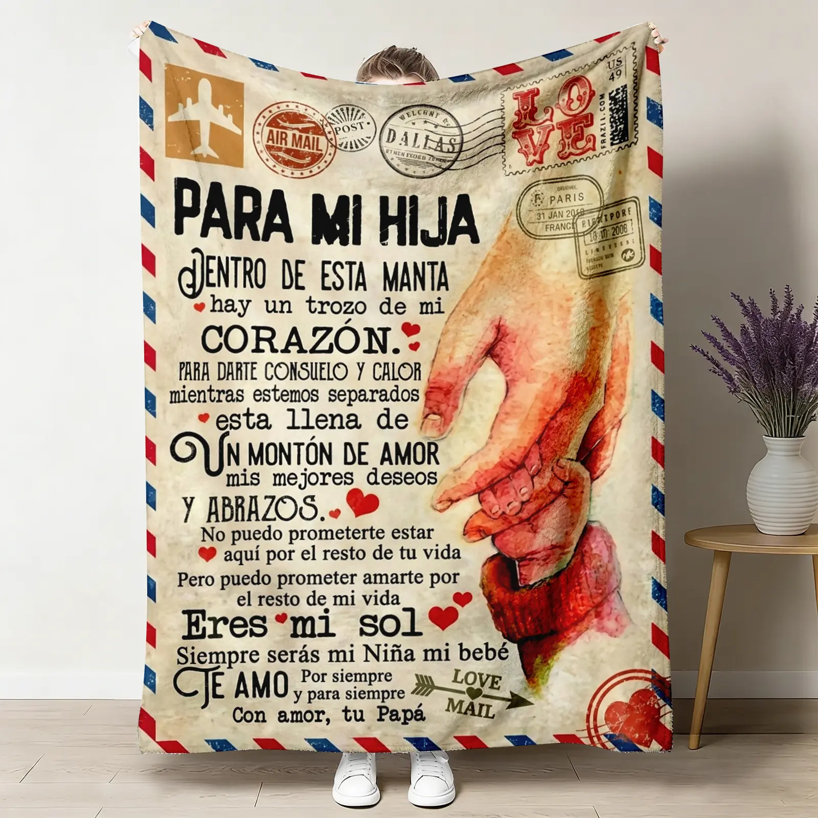 1 Piece Spanish Flannel Blanket Gift from Dad to Daughter – Soft, Warm, Comfortable, with Heartfelt Message – Perfect for Sofa, Bed, Office or Travel – All-Season Gift, Blue, White, and Red Designs, Birthday Gift Christmas Halloween Thanksgiving Gift,summ
