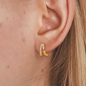 Double Huggie Hoop Earrings for Women 14K Gold Plated Hypoallergenic Cubic Zirconia Dainty Twisted Hoops Earring