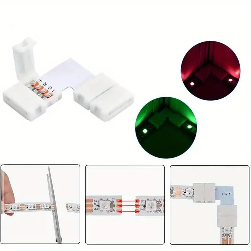 10pcs L-Type Four-Pin LED Connectors, 10mm Wide Right Angle No-Welding Adapter Terminals, RGB Strip Lights, DIY Lighting Projects, Installation, Lighting Accessories