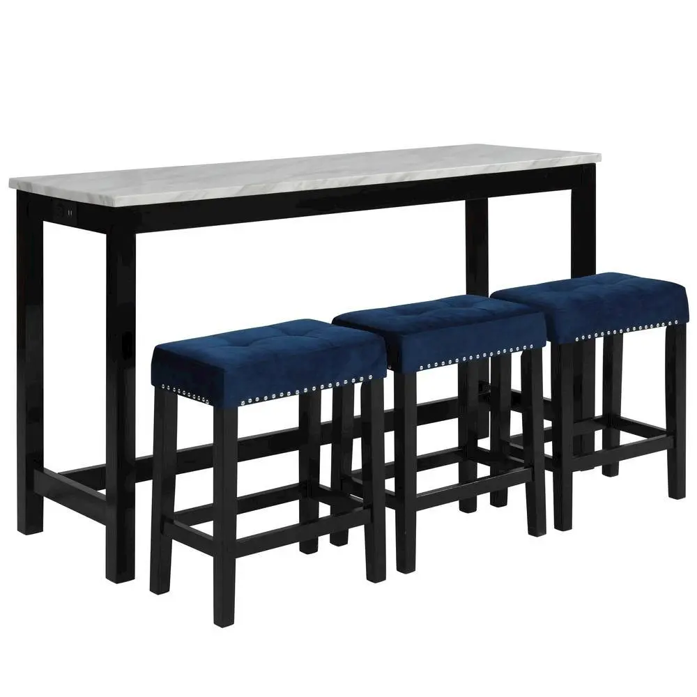 Furnifact Blue Bar Table Set – Console Table with Stools for Kitchen or Lounge
