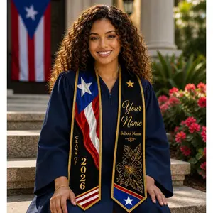 Custom Puerto Rico Graduation Stole Class of 2026 Personalized Name School Boricua Pride Black Gold Graduation Sash