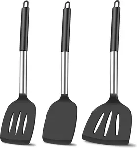3Pcs Silicone Spatula Set Heat Resistant Spatulas for Nonstick Cookware Fish Turner Plastic Spatulas Rubber Wok Spatula, Long Large Spatula Silicone Cooking Use Kitchen Utensils Set KLAQQED
