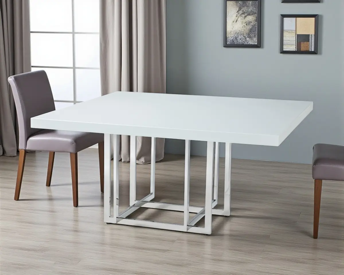 212 MAIN Square Dining Table - Fixed Height 30x59x59 in, White & Silver Wood-Metal Pedestal Base, Contemporary Modern Furniture, Seats 6 for Home Indoor Use