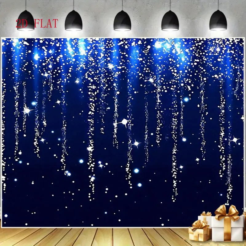 1-Piece Blue and Silver Polyester 2D Flat Backdrop with Blue Sequin Design - Suitable for Weddings, Graduation Celebrations, Parties