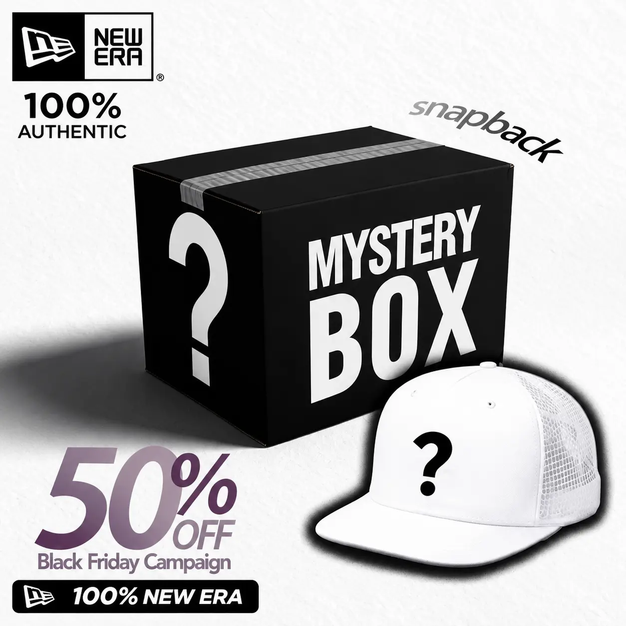 New Era Mystery Snapback Hat Box – One Authentic Flat Brim Cap Per Box, Surprise Gift for Him & Her
