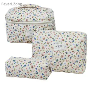 FeverLZong 3pcs Set Floral Print Makeup Bag, Large Capacity Quilted Cosmetic Organizer with Pouch and Pen Holder - Portable Travel Beauty Case