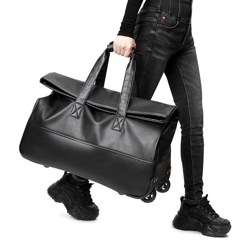 Faux Leather Rolling Duffel Bag Wheeled Weekender Travel Luggage with Telescopic Handle