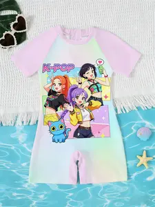 Girls' Jumpsuit Swimsuit, Cute Slim-Fitting All over Print, Quick-Dry Sunscreen Short Sleeve, Beach Pool Surfing Wear, Tween Swimsuits