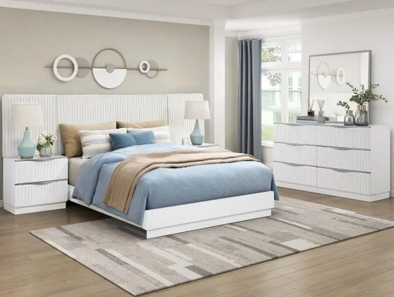Homelegance 7PC Queen & Cal King Bedroom Set - Pearl White Wood Finish, 60"x18.5"x36.5"H Corduroy Faux Fur Headboard, Ribbed Panels, Nightstands, Dresser, Mirror for Bedroom Decor