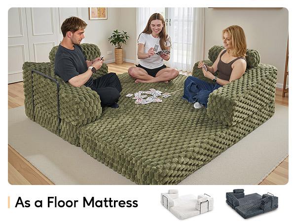 【Ships in 2 Boxes】 AMERLIFE Foldable Sofa Bed, Convertible Floor Sofa with Plush Faux Fur, No Assembly Mattress Couch for Living Room, Apartment, Bedroom