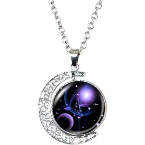 Zodiac Necklace Jewelry Birthday Gifts Astrology 12 Constellation Horoscope Sign Galaxy Crescent Half Moon Pendant Necklace