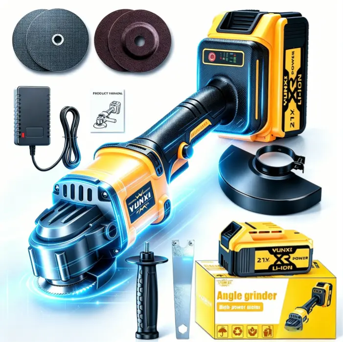 YUNXI 21V Brushless Cordless Angle Grinder Kit - 3 Speed Wireless Cutting & Polishing Tool with Batteries, LED Display, Adjustable Splash-Proof Safety Barrier, Multiple Package Options for Backyard Renovation & Auto Maintenance