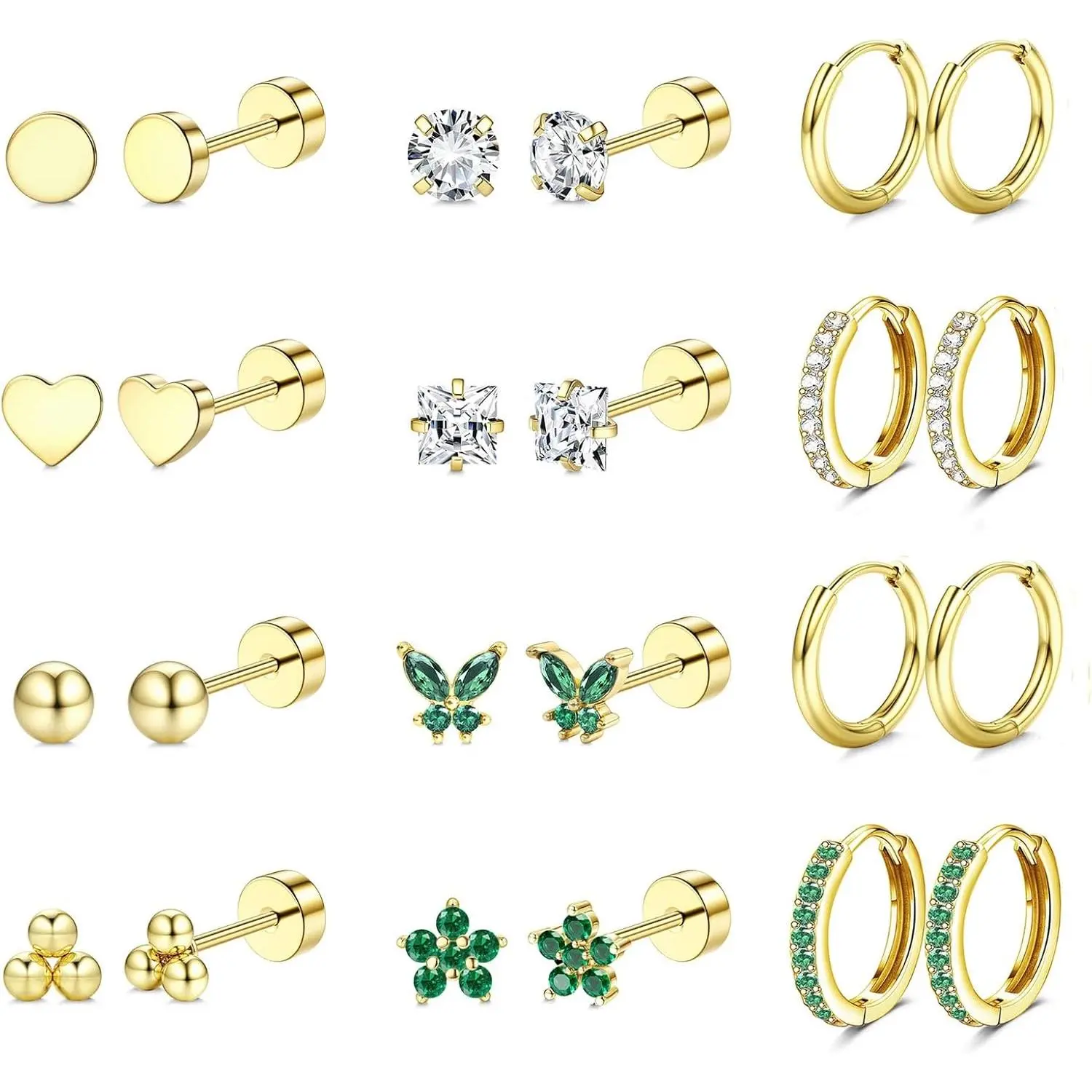 CASSIECA 12-Pair Hypoallergenic Flatback Earrings for Women, Surgical Stainless Steel Corrosion Resistant Tarnish Free Sensitive Ear Jewelry, 14 Karat Gold Plated Heart/Ball Studs & Gold Hoop Earrings for Daily Wear Cartilage Stack, Earring For Women