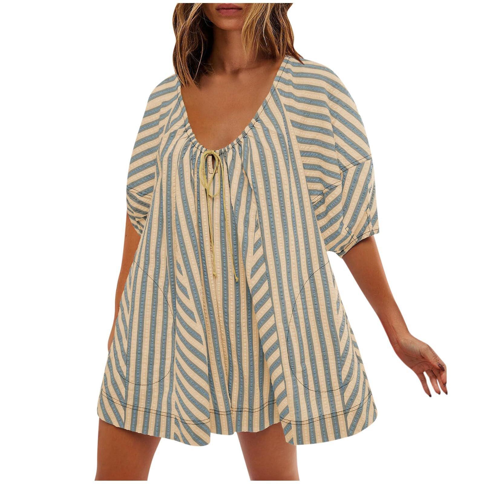 Women's Striped V-Neck Romper, Casual Loose Tie Front Wide Leg Short Jumpsuit, Flowy Summer Vacation Outfit