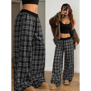 Women's Plaid Patchwork Comfortable Loose-Fit Casual Straight Leg Pants, All-Season Kint Fabric, Perfect for Daily Wear, Casual Streetwear Pants,Airport Outfit