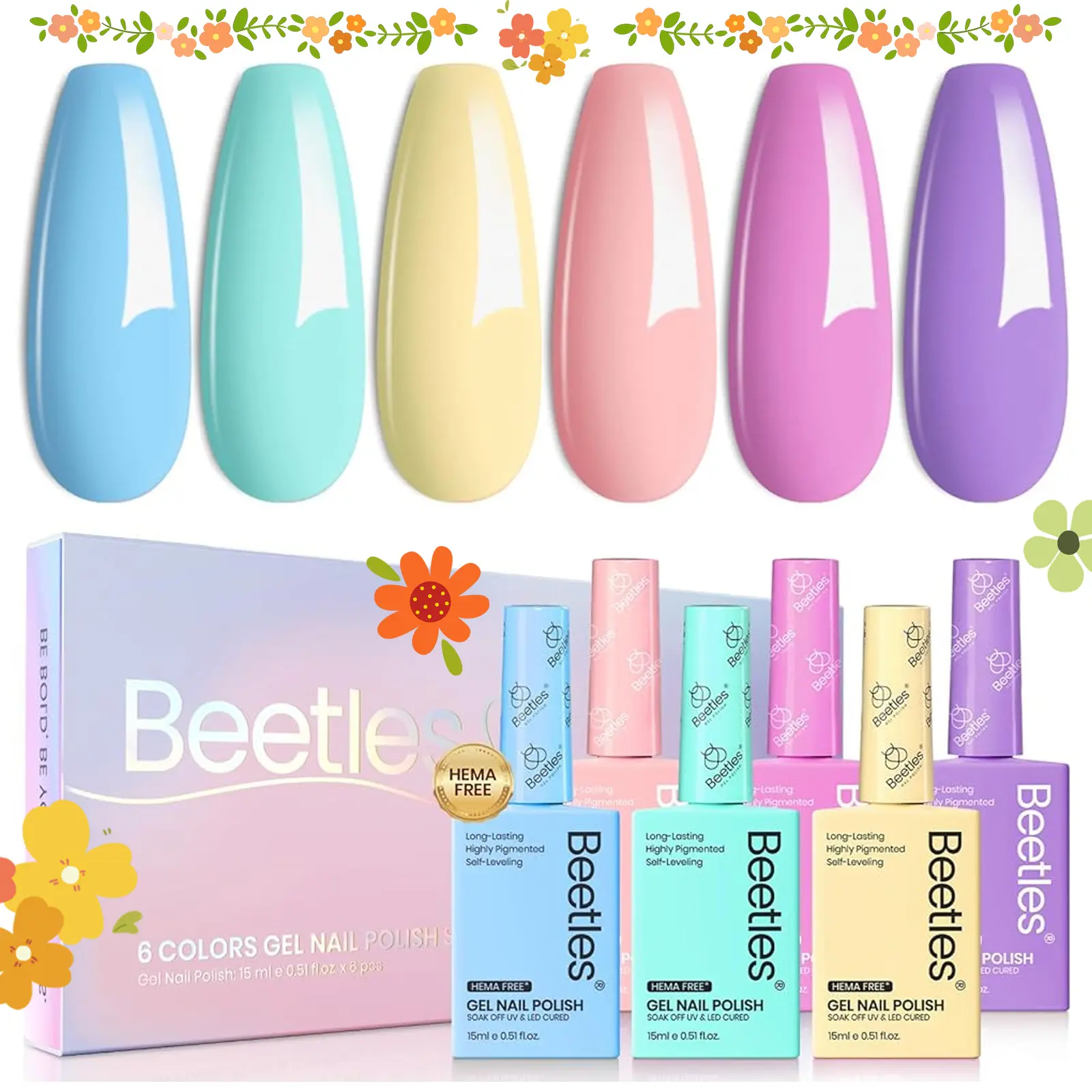 [Beetles] 6 Colors Pastel Gel Nail Polish Set - 9-15mL Fairy Tale Dream Hema-Free Soak Off UV LED Gel Kit with Base & Top Coat | Gift for Women