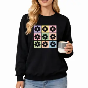 9-Patch Pastel Daisy Grid Pattern Casual Long Sleeve Sweatshirt – Perfect for Floral Lovers