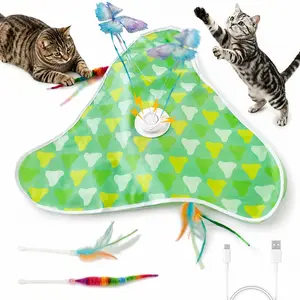 Rechargeable Interactive Cat Toy Mat – 3-in-1 Hide&Seek with Fluttering Butterfly, Moving Concealed Feathers, Kitten Wand – Touch Activated Motion for Indoor Bored Adult Cats (Triangle Green)