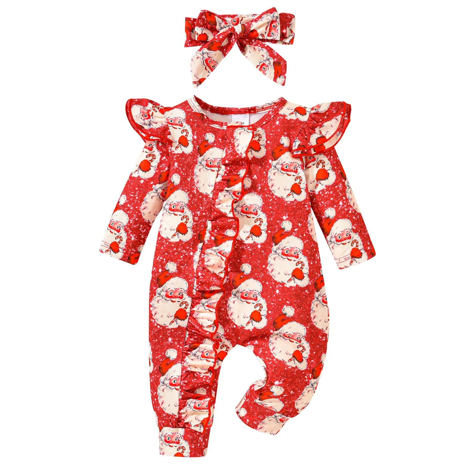Baby Girls Christmas Outfit Ruffle Long Sleeve Santa Claus Print Long Sleeve Frill Zipper Romper Jumpsuits and Headband Toddler Infant Newborn Christm