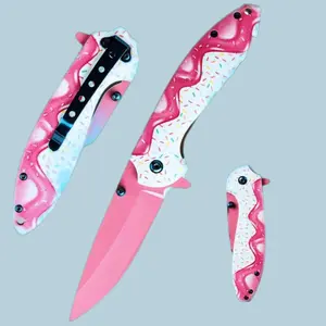 7.5 Inch Cute Pink Folding Pocket Knife-Camping Tool，Survival Equipment Set Tactical Pink Ladies Rescue Knife Emergency Tool
