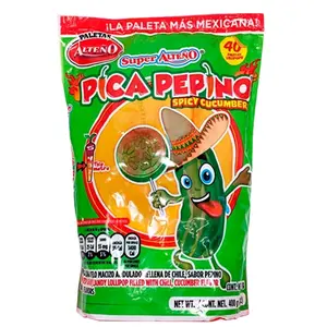 PICA PEPINO - Acidulated hard candy lollipop filled with chili cucumber flavor / 40 Pieces Bag /