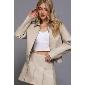 Long Sleeve Wash Effect Faux Leather Jacket Cream