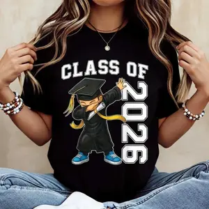 Women's Fitted White Crewneck T-Shirt, Graduation Dabbing Girl Class Of 2027 Print Top, Casual Tee For Graduation Celebration