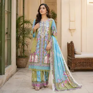 ZAROORI Sky Bloom Cotton Printed Pakistani 3-Piece Suit – Multicolor Floral Design with Statement Dupatta | Article No: ZR-714