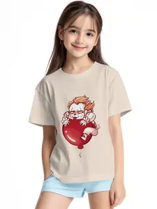 Clown Holding Balloons Digital Printing Summer Fashion Girls' Clothing, 100% Polyester Designed for Energetic Children, Cute Girls' Short-Sleeve T-Shirts, Summer Casual Children's Clothing, Outdoor Sports T-Shirts