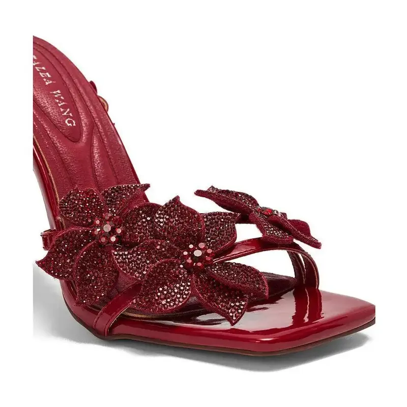 AZALEA WANG ROMI DARK CHERRY RHINESTONE FLORAL EMBELLISHED SANDAL