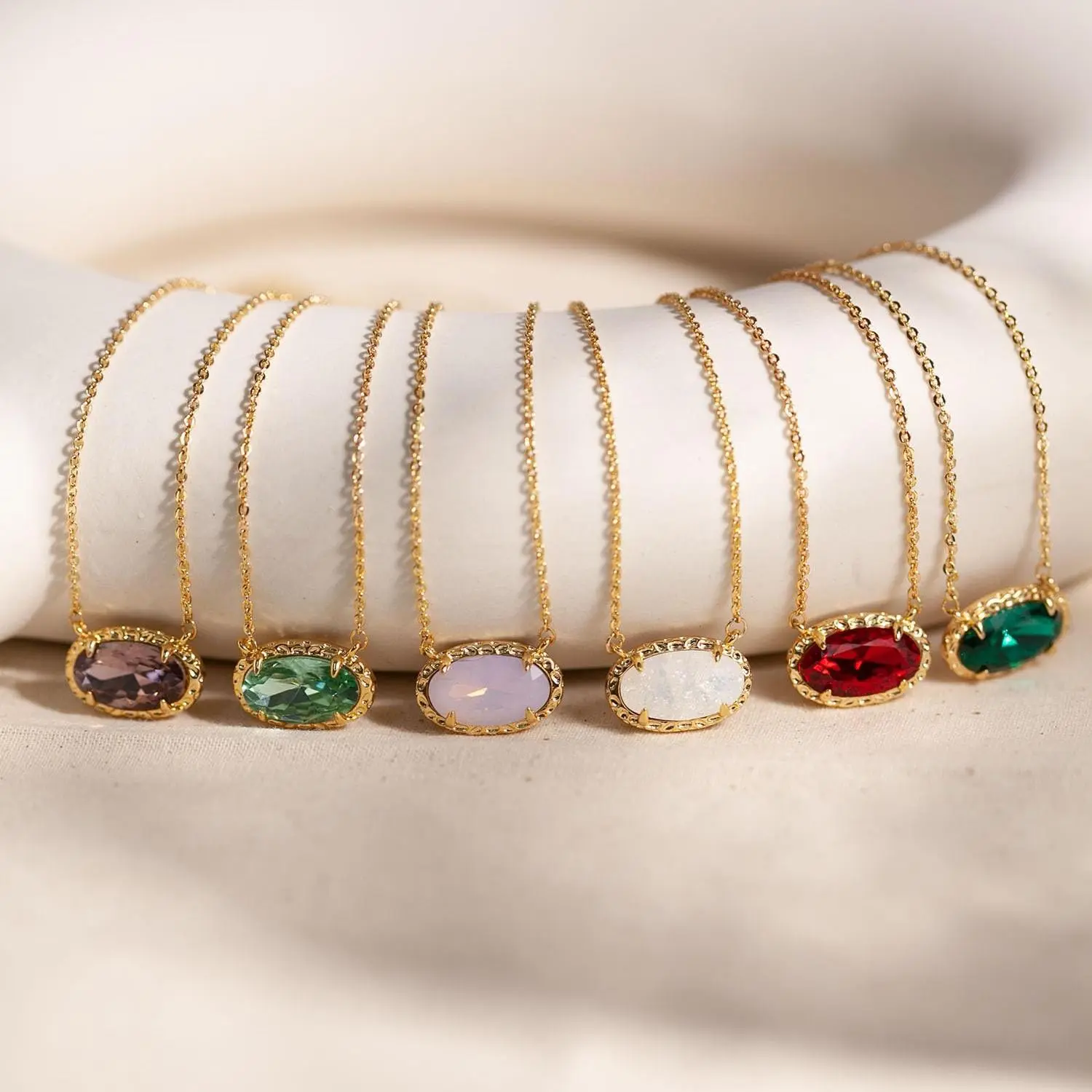 Women's Colorful Oval Gemstone Pendant Necklace - Fashion Costume Jewelry, Birthstone, Colorful Gems, Bling, Brightly Colored Styles, Birthstone Pendant Necklaces, Colorful Gems Necklaces