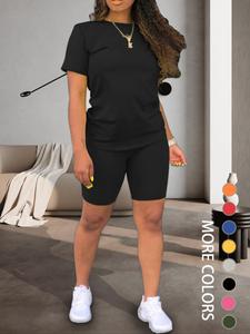 two-piece set women's plain shorts set, comfort round neck shortsleeve tee & skinny shorts, summer clothes women, back to school outfits, workout set, fitted casual summer clothes for outdoor, tomboy femme outfits, workout sets women, womenswear