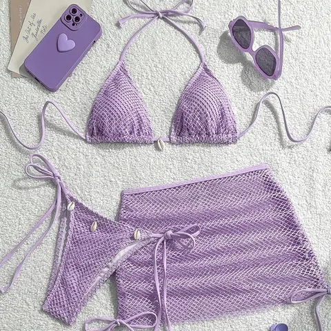 Three-Piece Set Women's Solid Bikini Set, Casual Fishing Net Cover Up Skirt & Swim Top & Swim Bottom, Fashion Chic Ladies Bathing Suit for Beach Holiday Vacation