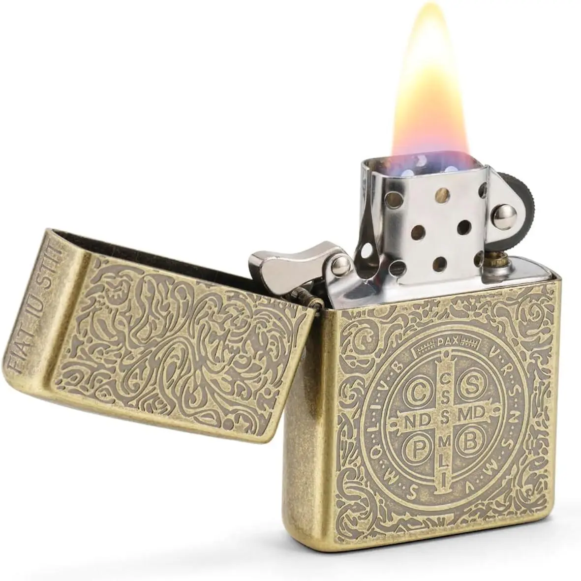 Constantine Carved Vintage Gold Metal Lighter - St Benedict Themed Petrol Kerosene Luxury Lighter Accessories, Men's Collector Gift (Petrol Not Included)