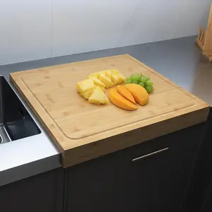 21.7x18.9 Inch Oversized Bamboo Cutting Board and Sink Cover, Reversible with Juice Grooves & Non-Slip Detachable Lip, Large Stovetop Cover Board for Restaurant Kitchen